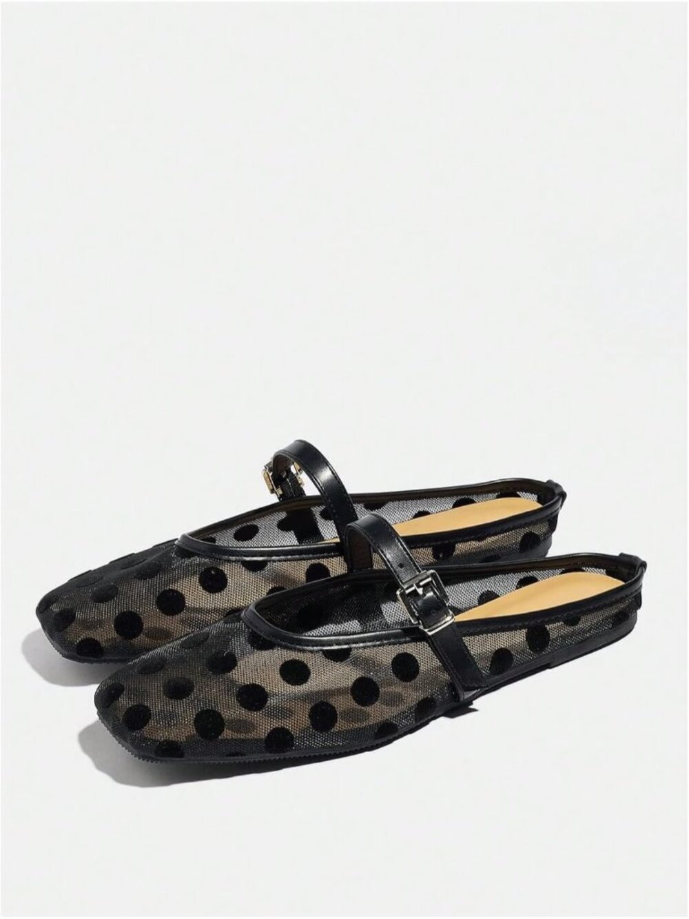 Women's Black Mules Square Closed Toe Polka Dots Mesh Ballet Loafer Flat Shoes - Picture 4 of 5